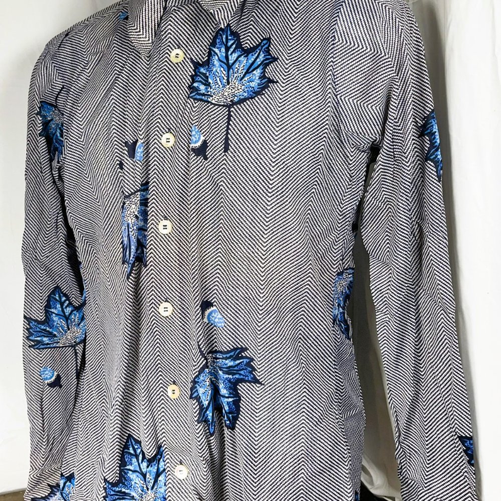 Vintage Deadstock Men's Long Sleeve Dress Shirt Deadstock Blue Leaf Retro Nylon